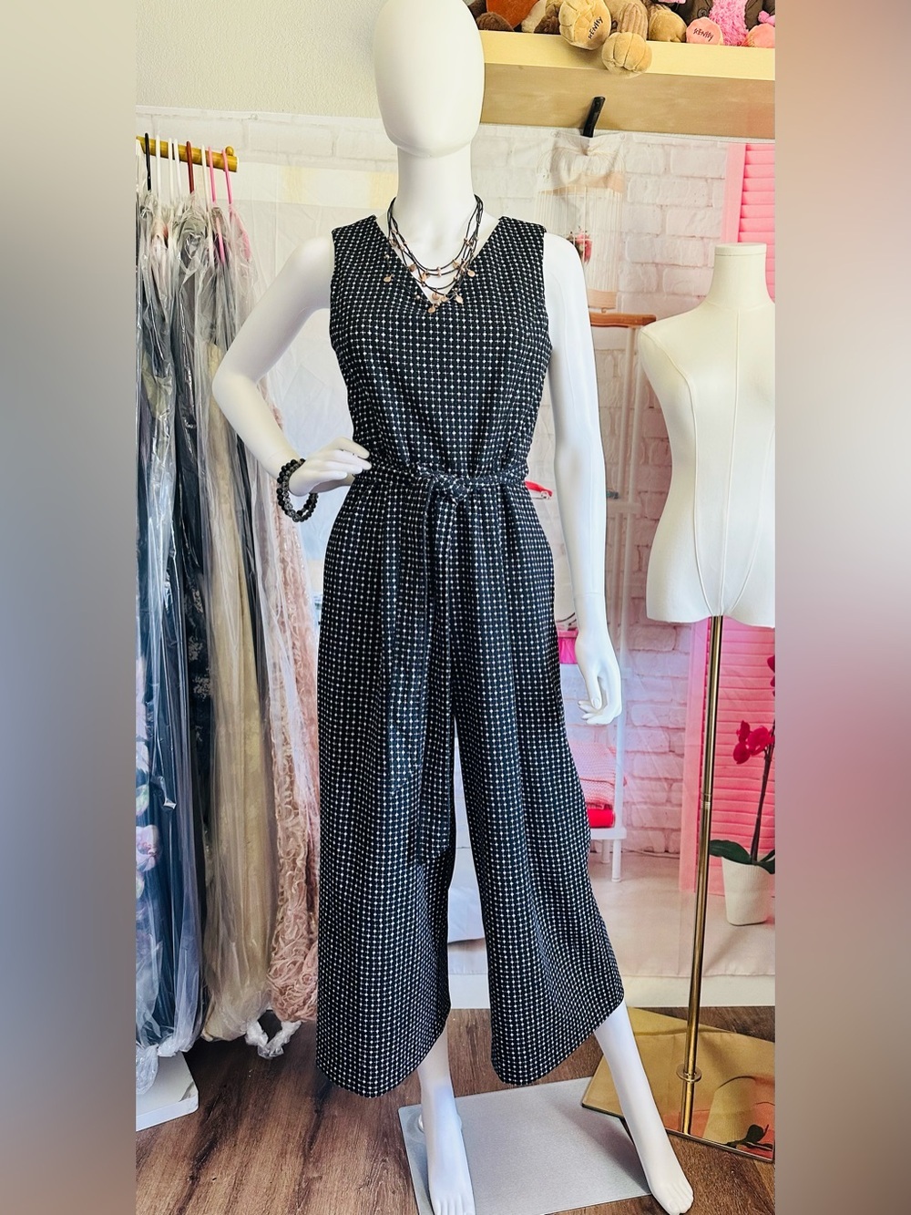 Calvin Klein Wide Leg Belted Geometric Print Jumpsuit